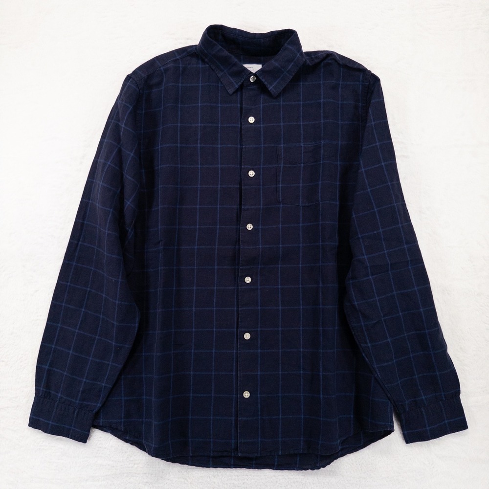 Gap Shirt Mens Large Navy Blue Windowpane Plaid Button Up Linen Cotton Blend NEW